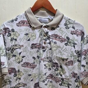 Michael Austin Polo Shirt Mens L Multicolor Floral Car Print Cotton Blend Top